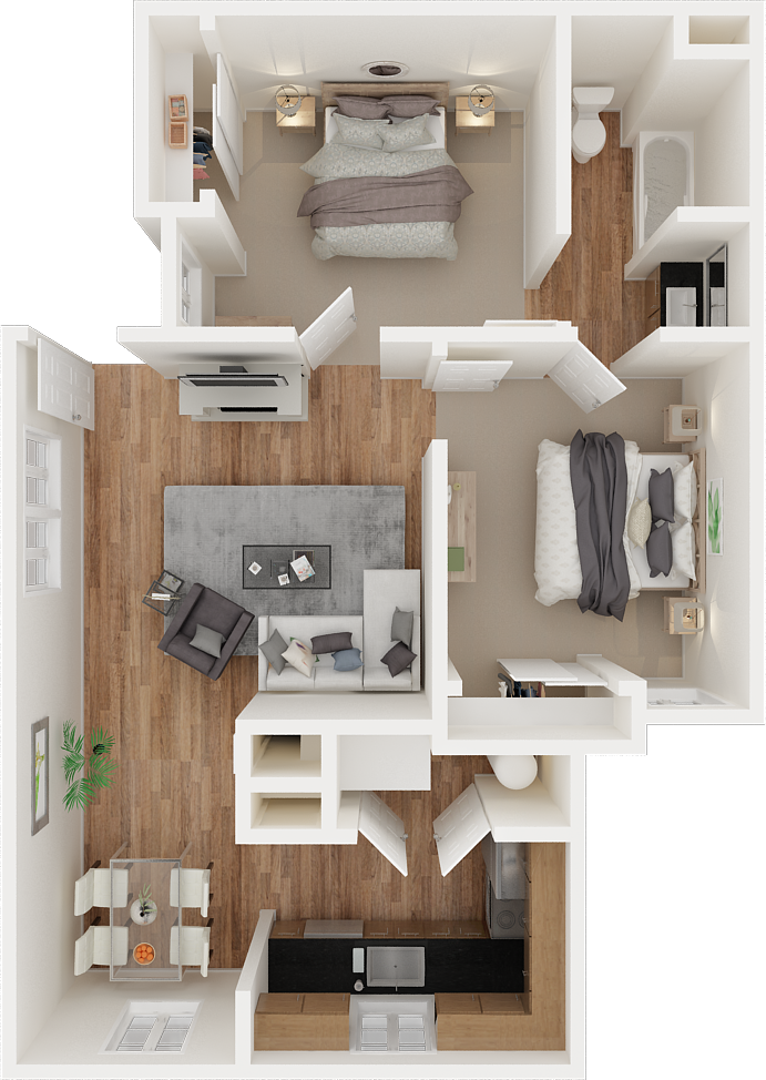 Floor plan for 2 beds, 1 bath, 739 sqft
